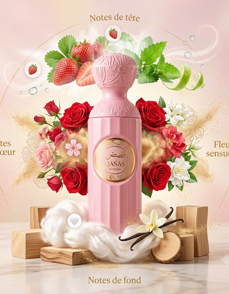 Eau de Parfum Qasas Blush Manasik 100ml - Flacon élégant rose et or, parfum oriental pour femme.