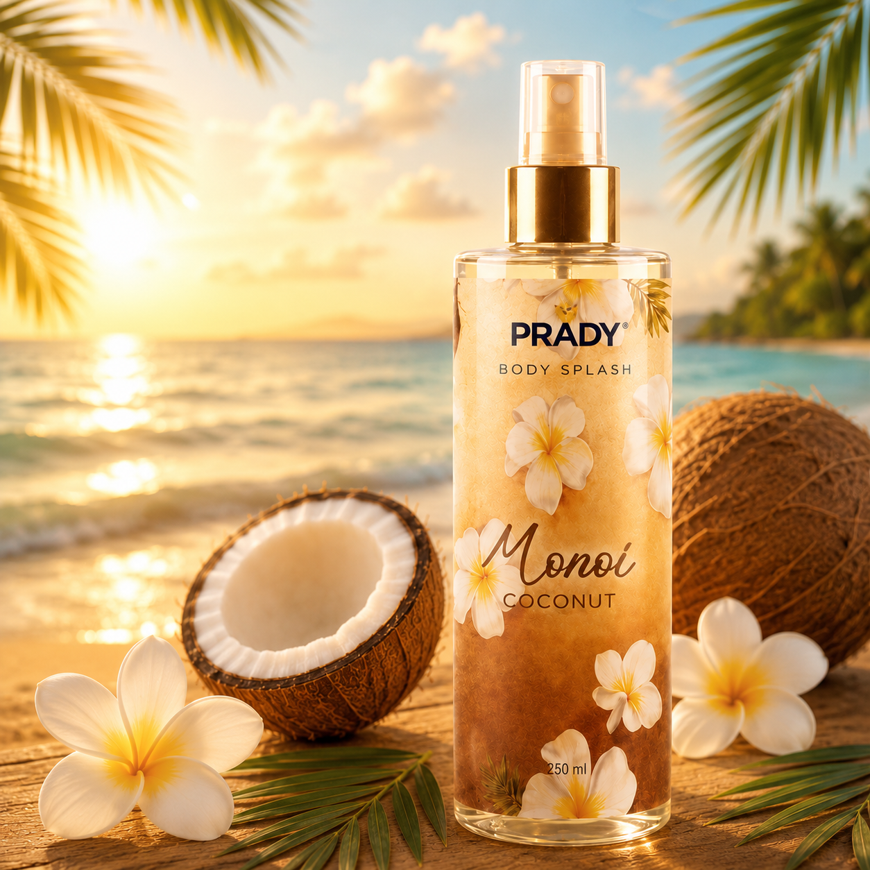 Brume parfumée Monoï Coco Prady pour corps et cheveux.