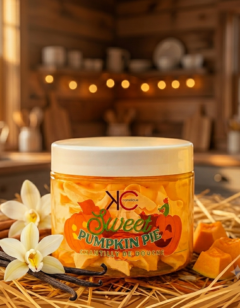 Chantilly de douche Pumpkin Pie à la texture fouettée, parfum gourmand et réconfortant de tarte à la citrouille.