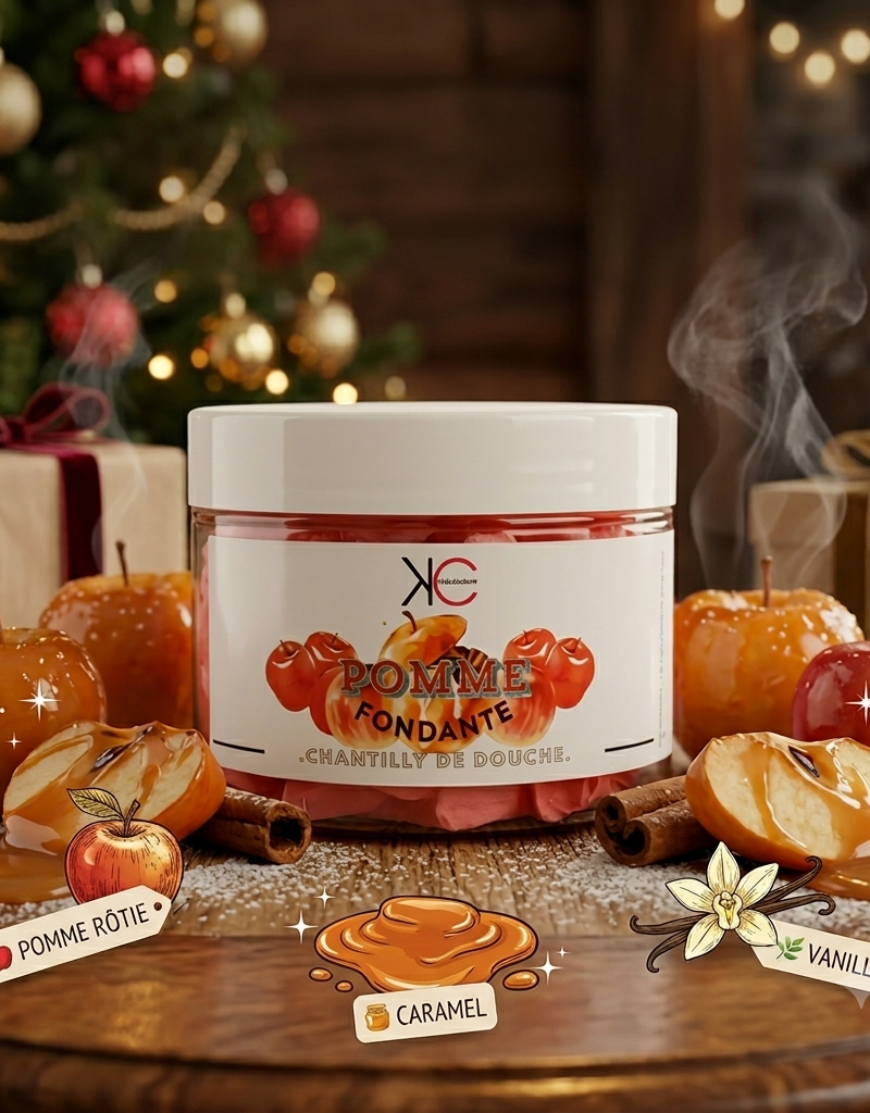 Chantilly de douche gourmande au parfum de pomme rôtie, caramel et vanille. Nettoyage délicat et texture aérienne.