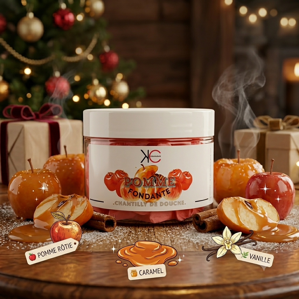 Chantilly de douche gourmande au parfum de pomme rôtie, caramel et vanille. Nettoyage délicat et texture aérienne.