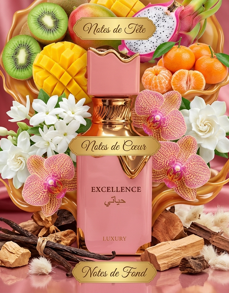 Eau de parfum féminine Excellence Pink Soft Luxury entourée de fleurs blanches et d'orchidées.