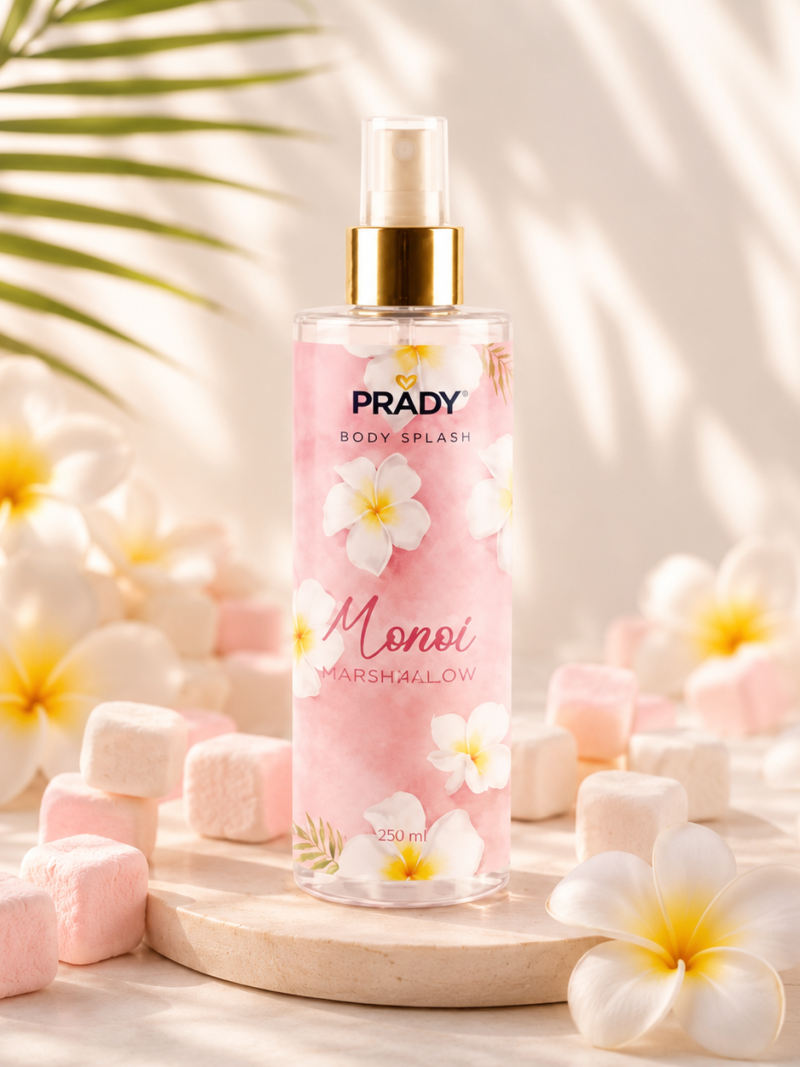 Flacon de brume parfumée corps et cheveux Prady senteur Monoï Marshmallow, format 250 ml.