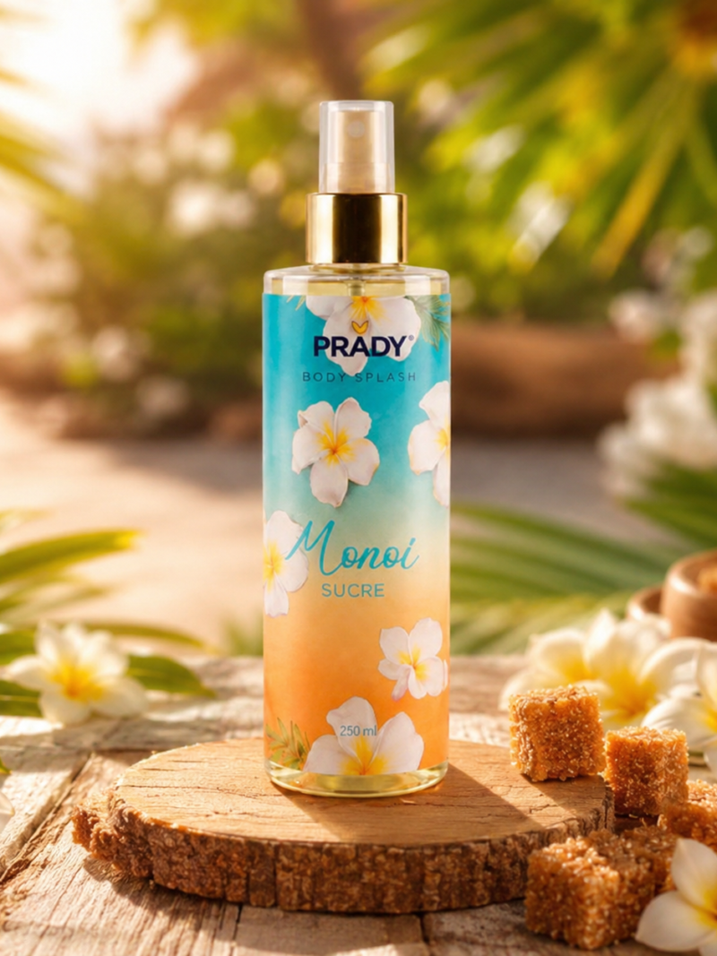 Flacon de brume parfumée corps et cheveux Prady senteur Monoï sucré, format 250 ml.