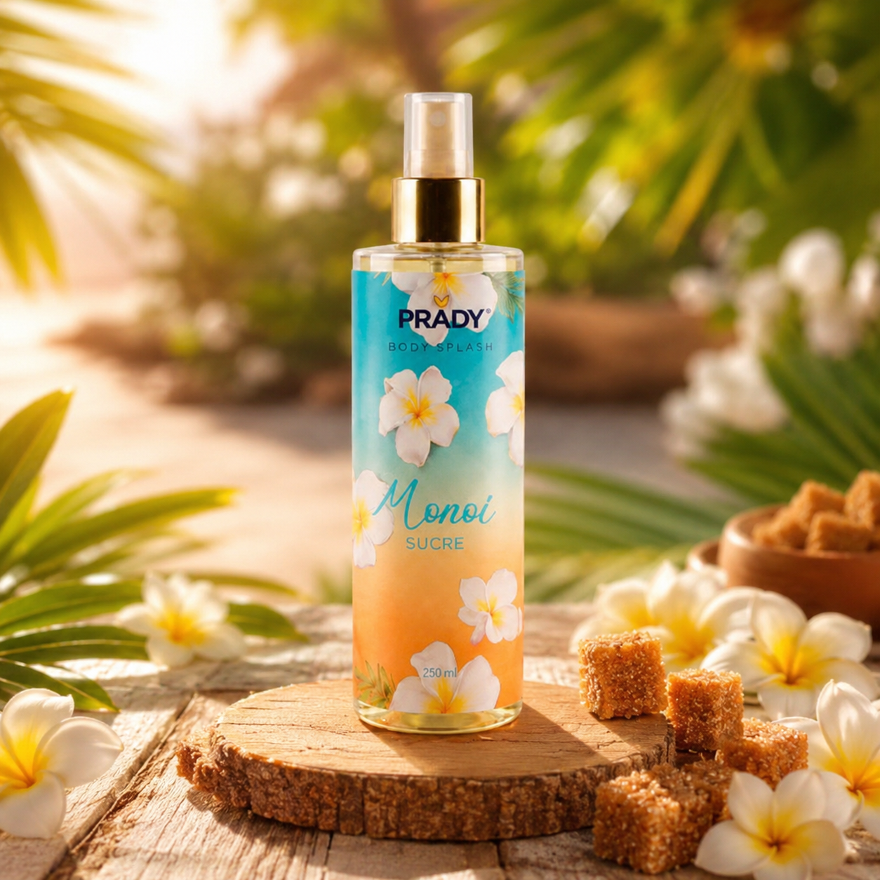 Flacon de brume parfumée corps et cheveux Prady senteur Monoï sucré, format 250 ml.