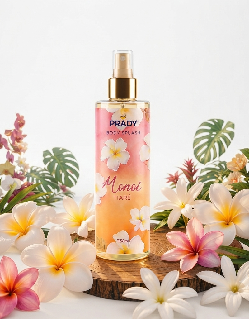 Flacon de brume parfumée corps et cheveux Prady senteur Monoï tiaré, format 250 ml.