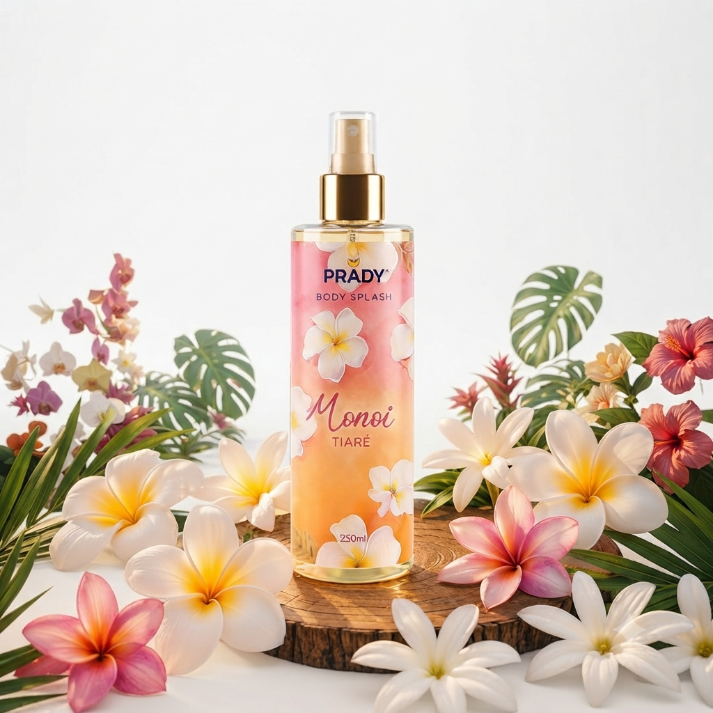 Flacon de brume parfumée corps et cheveux Prady senteur Monoï tiaré, format 250 ml.