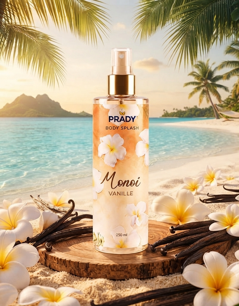 Flacon de brume parfumée corps et cheveux Prady senteur Monoï vanille, format 250 ml.