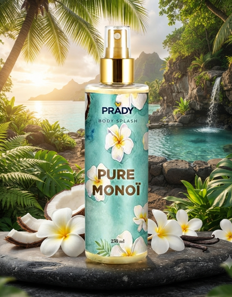 Flacon de brume parfumée corps et cheveux Prady senteur Pure Monoï , format 250 ml.